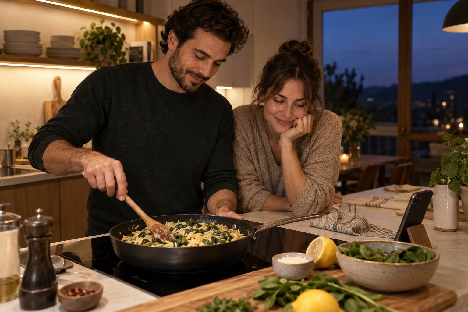 Two people making dinner together, with a phone propped safely beside their cooking space.