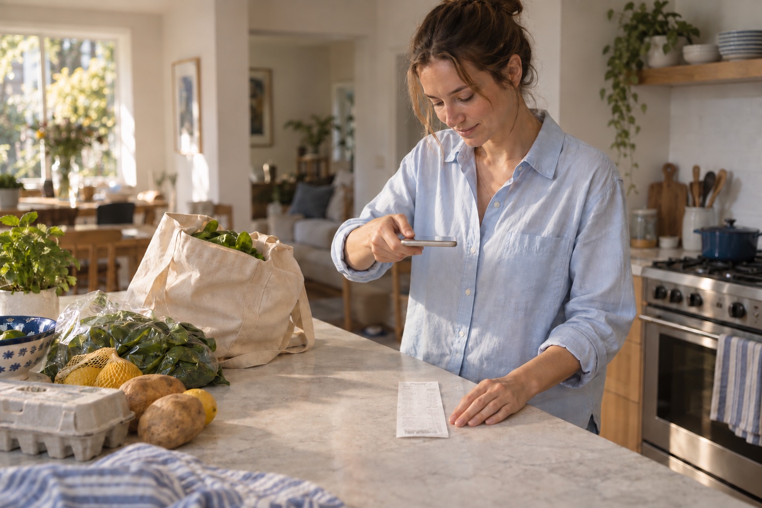A person photographing a grocery receipt beside fresh groceries in a home kitchen.