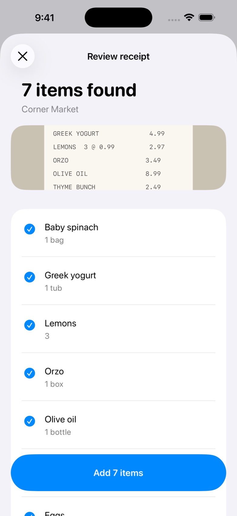 Reviewing seven ingredients found in a grocery receipt before adding them to the pantry.